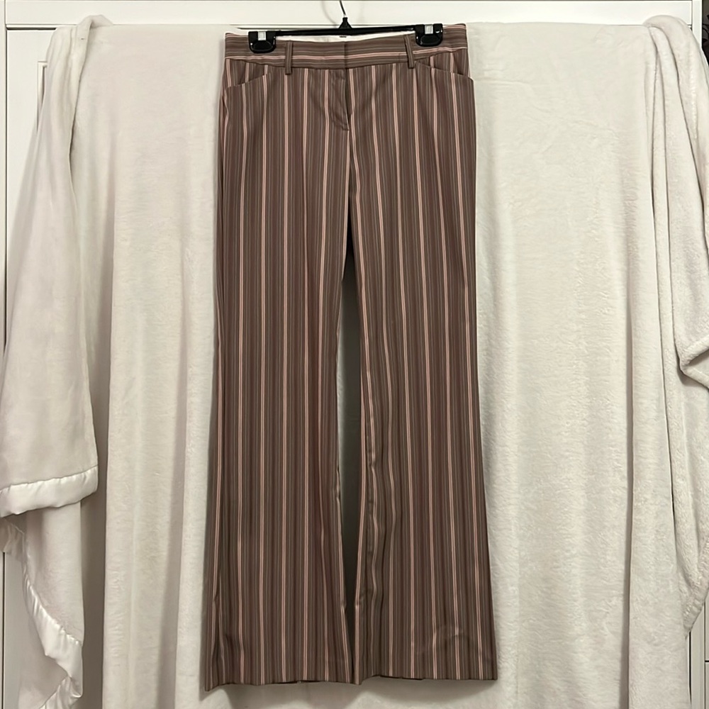 Editor style, boot cut, striped dress pants